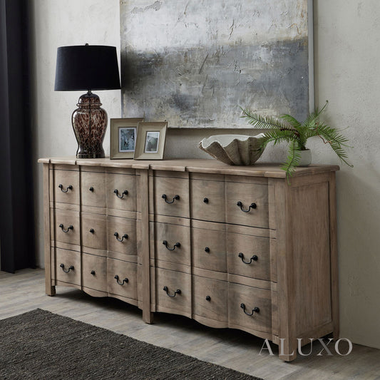 Copgrove 6 Drawer Chest – French Style Washed Wood Storage with Iron Handles, 200cm