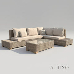 Cora Scandi-Coastal Large Corner Sofa Set – Beige Rattan & Glass Table