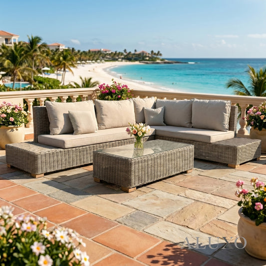 Cora Scandi-Coastal Large Corner Sofa Set – Beige Rattan & Glass Table