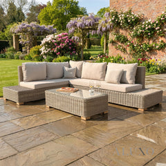 Cora Scandi-Coastal Large Corner Sofa Set – Beige Rattan & Glass Table