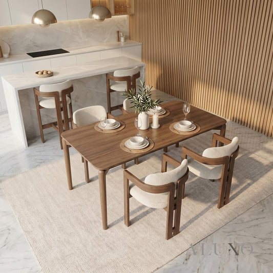 ALUXO® Daisy 1.5m Walnut Dining Set – 4-Leg Wood Base Table with 4/6 Clara Oatmeal Bouclé Chairs