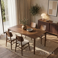 ALUXO® Daisy 1.5m Walnut Dining Set – 4-Leg Base Table with 4/6 Kingswood Oatmeal Bouclé Chairs