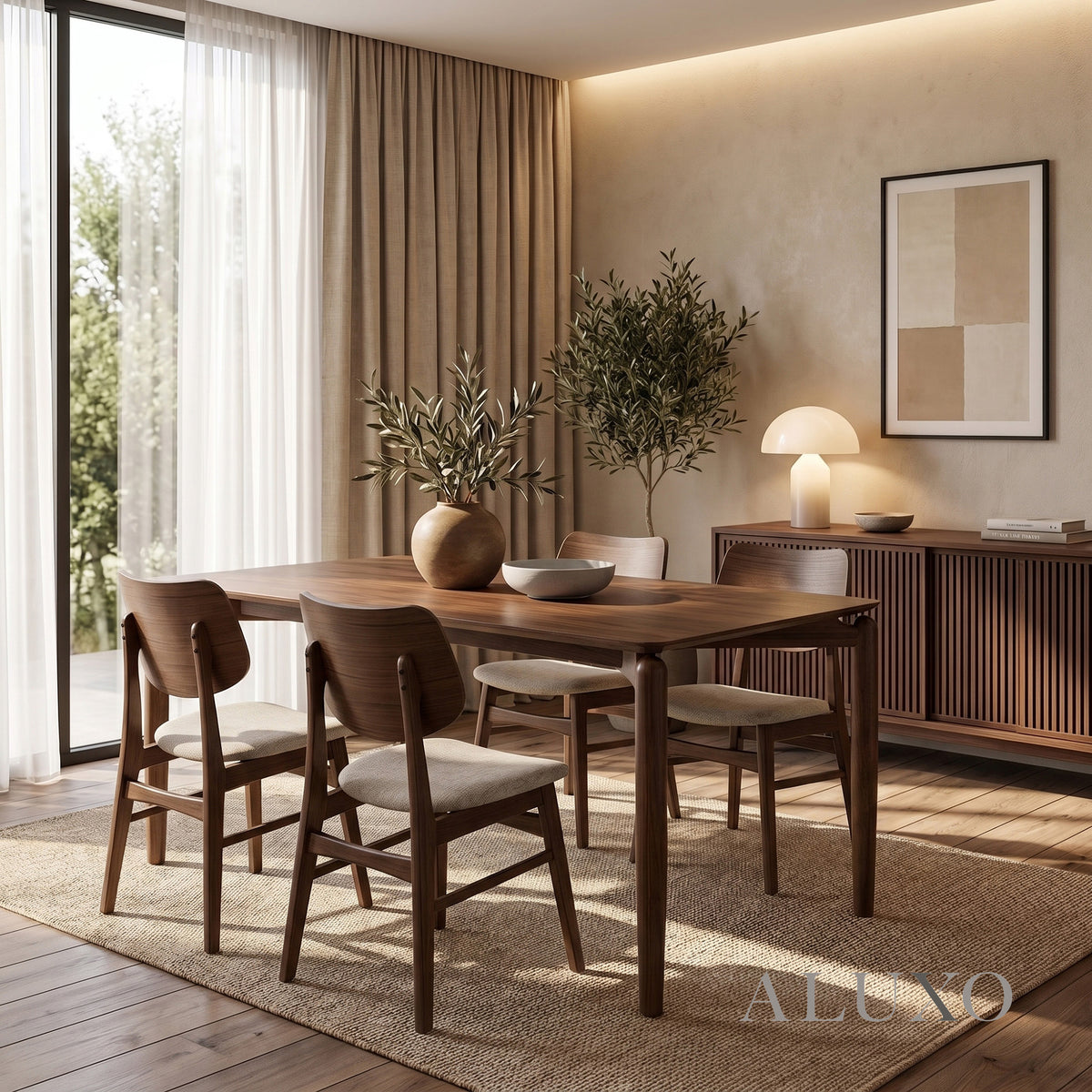 ALUXO® Daisy 1.5m Walnut Dining Set – 4-Leg Base Table with 4/6 Kingswood Oatmeal Bouclé Chairs