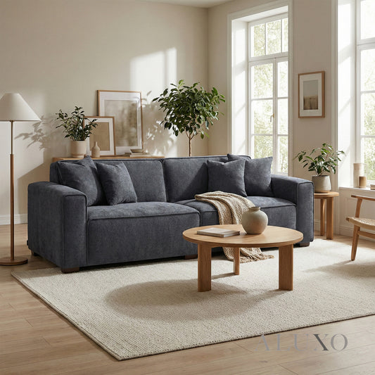 ALUXO® Dakota 3 Seater Sofa – Charcoal Grey Bouclé | Feather-Filled