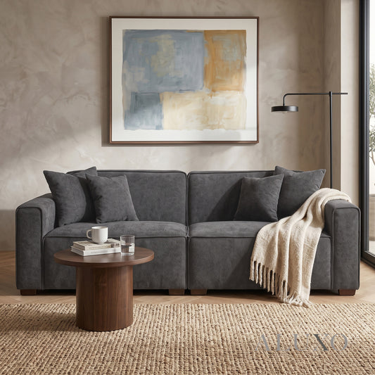 ALUXO® Dakota 3 Seater Sofa – Charcoal Grey Bouclé | Feather-Filled