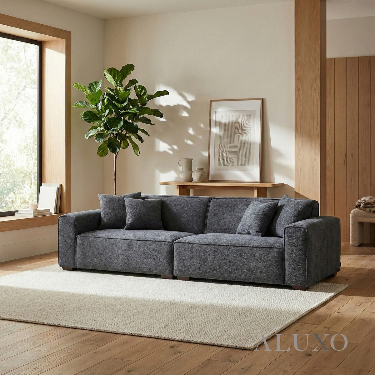 ALUXO® Dakota 4 Seater Large Sofa – Charcoal Grey Bouclé | Feather-Filled