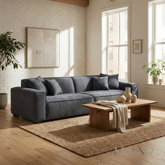 ALUXO® Dakota 4 Seater Large Sofa – Charcoal Grey Bouclé | Feather-Filled