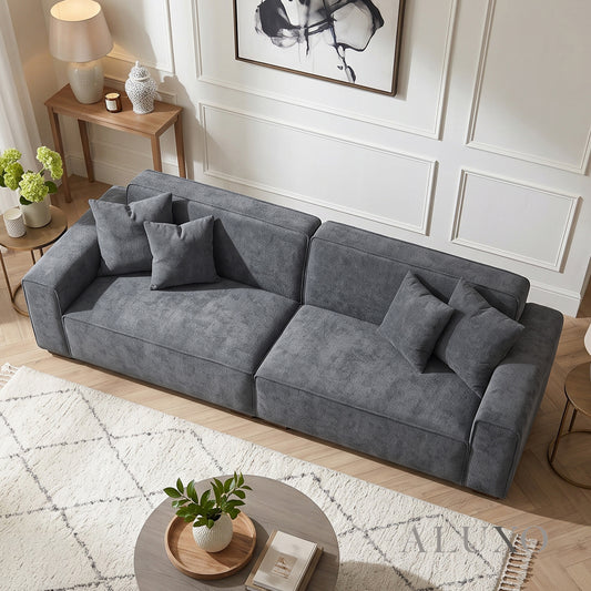 ALUXO® Dakota 4 Seater Large Sofa – Charcoal Grey Bouclé | Feather-Filled