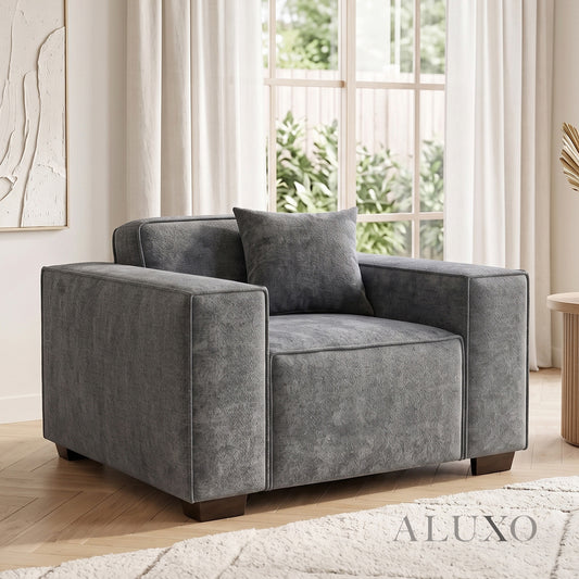 ALUXO® Dakota Armchair – Charcoal Grey Bouclé | Feather-Filled Accent Chair