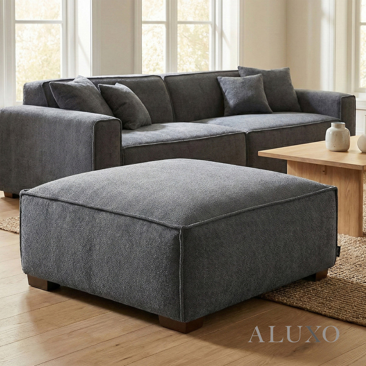 ALUXO® Dakota Modular Footstool – Charcoal Grey Bouclé | Feather-Filled