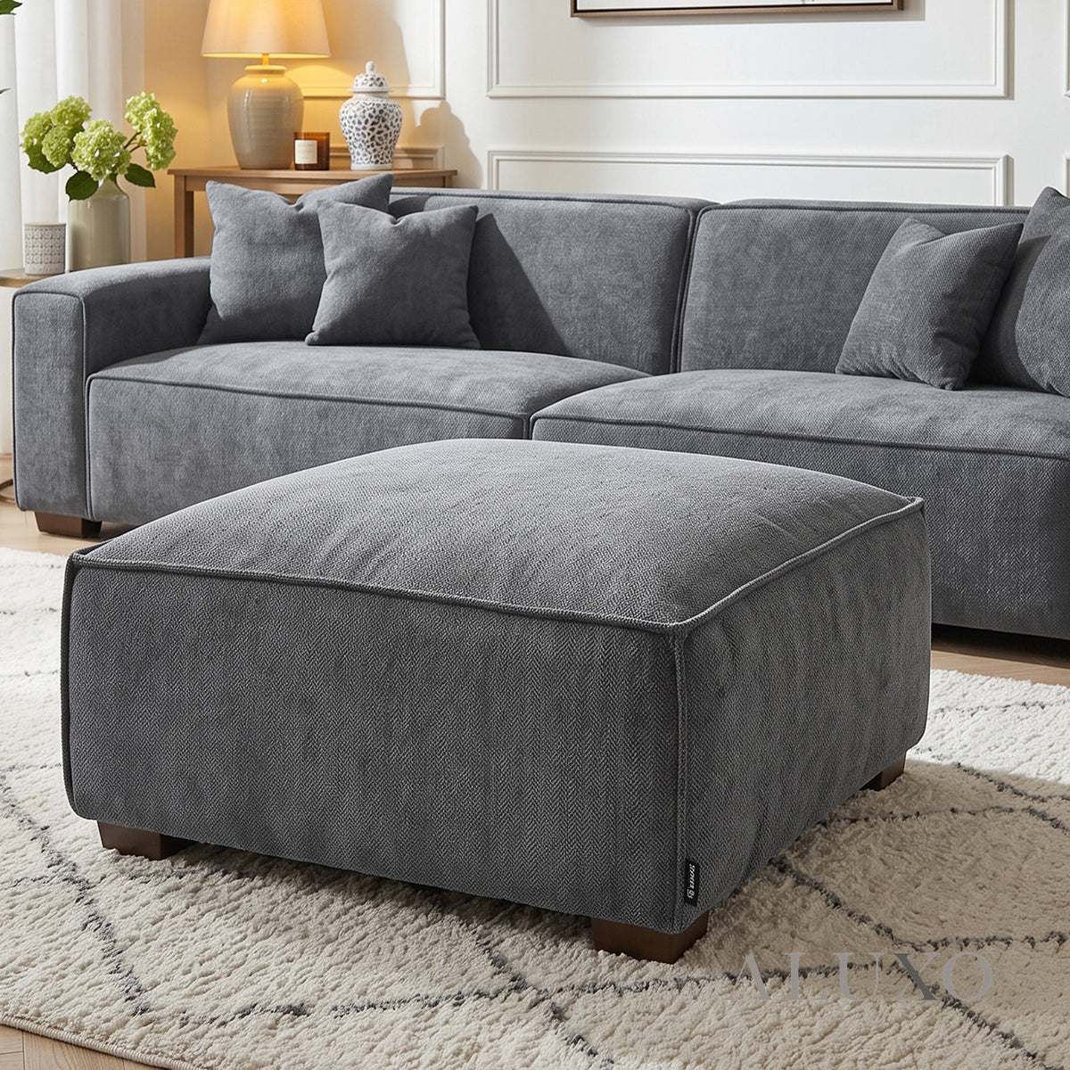 ALUXO® Dakota Modular Footstool – Charcoal Grey Bouclé | Feather-Filled