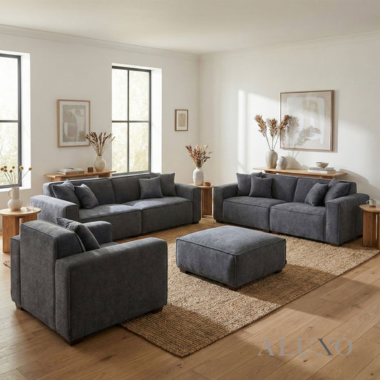 ALUXO® Dakota Complete Sofa Set – 4+3+1+Footstool | Charcoal Grey Bouclé