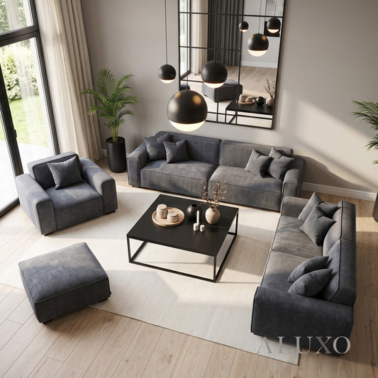 ALUXO® Dakota Complete Sofa Set – 4+3+1+Footstool | Charcoal Grey Bouclé