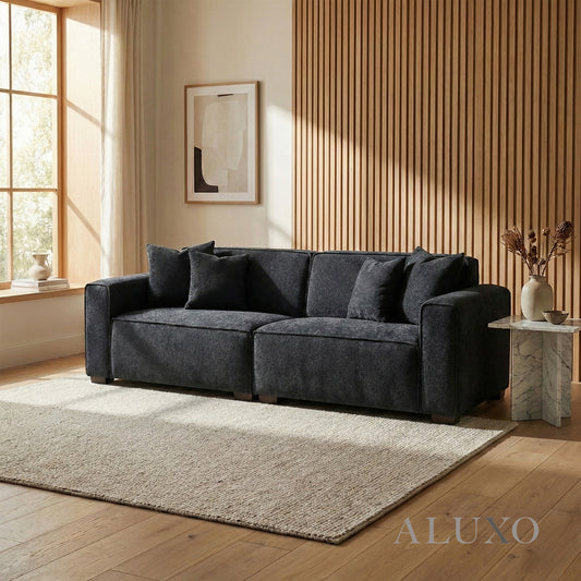 ALUXO® Dakota 3 Seater Sofa – Midnight Black Bouclé | Feather-Filled