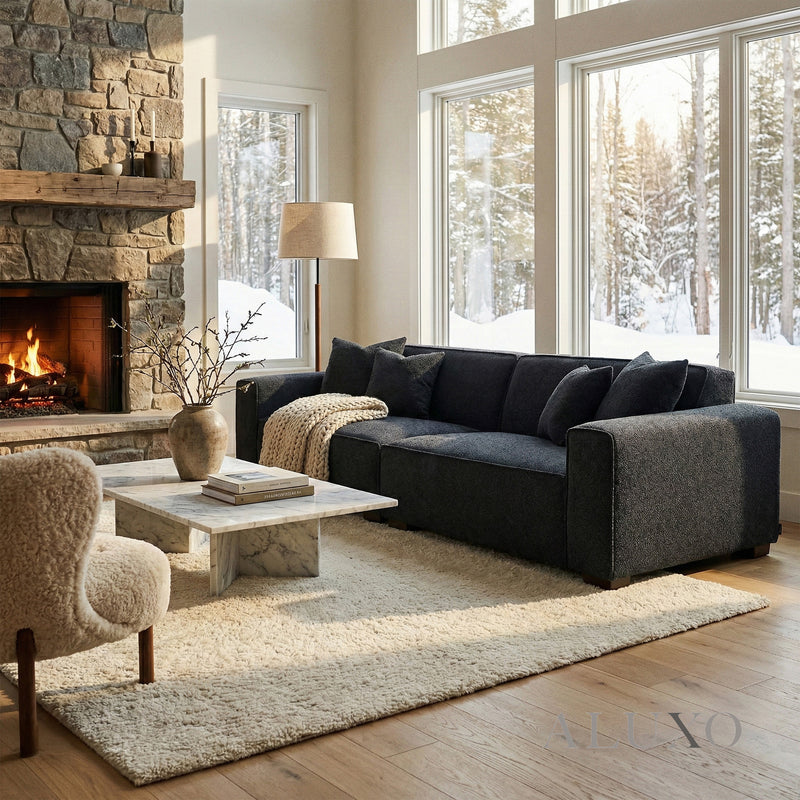 ALUXO® Dakota 4 Seater Large Sofa – Midnight Black Bouclé | Feather-Filled