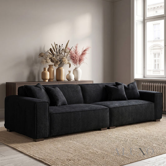 ALUXO® Dakota 4 Seater Large Sofa – Midnight Black Bouclé | Feather-Filled