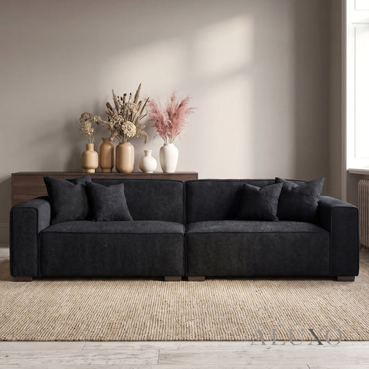 ALUXO® Dakota 4 Seater Large Sofa – Midnight Black Bouclé | Feather-Filled