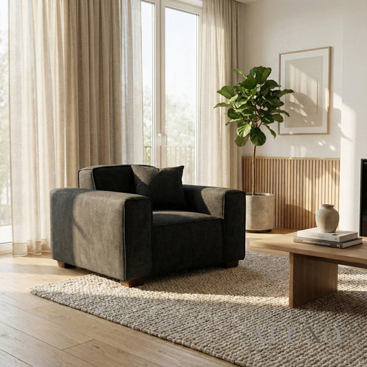 ALUXO® Dakota Armchair – Midnight Black Bouclé | Feather-Filled Accent Chair