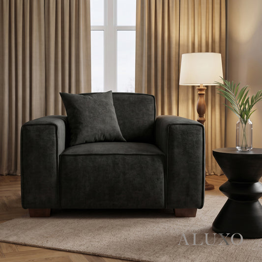 ALUXO® Dakota Armchair – Midnight Black Bouclé | Feather-Filled Accent Chair
