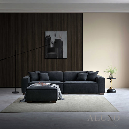ALUXO® Dakota 4-Seater Sofa with Chaise – Midnight Black Bouclé