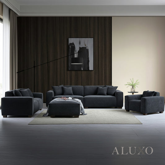 ALUXO® Dakota 3/4 Seater Sofa, Armchair & Footstool – Midnight Black Bouclé