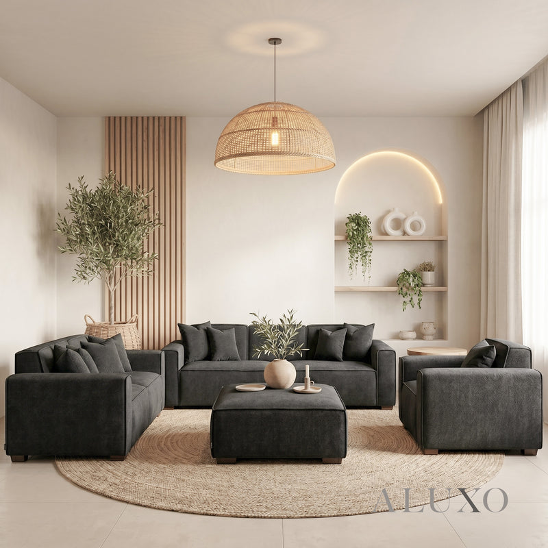 ALUXO® Dakota Complete Sofa Set – 4+3+1+Footstool | Midnight Black Bouclé