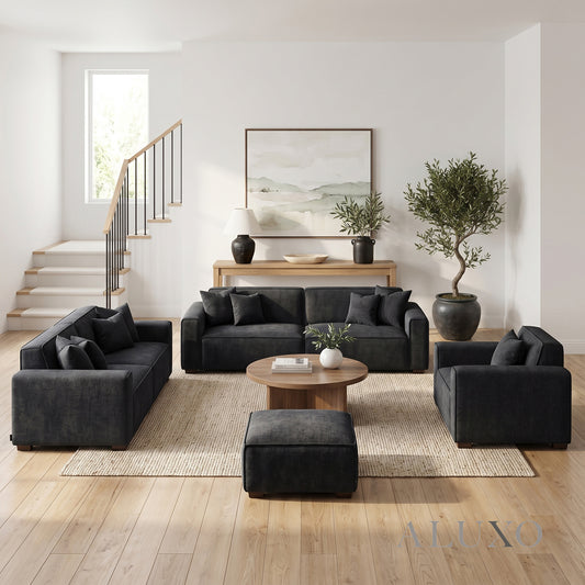 ALUXO® Dakota Complete Sofa Set – 4+3+1+Footstool | Midnight Black Bouclé