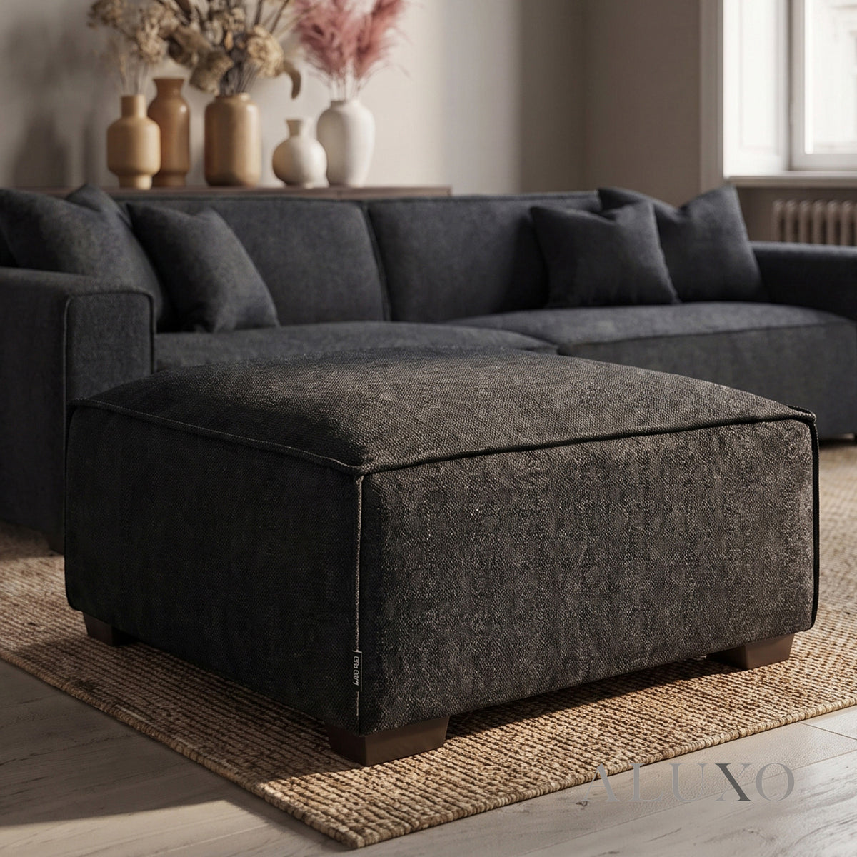 ALUXO® Dakota Modular Footstool – Midnight Black Bouclé | Feather-Filled