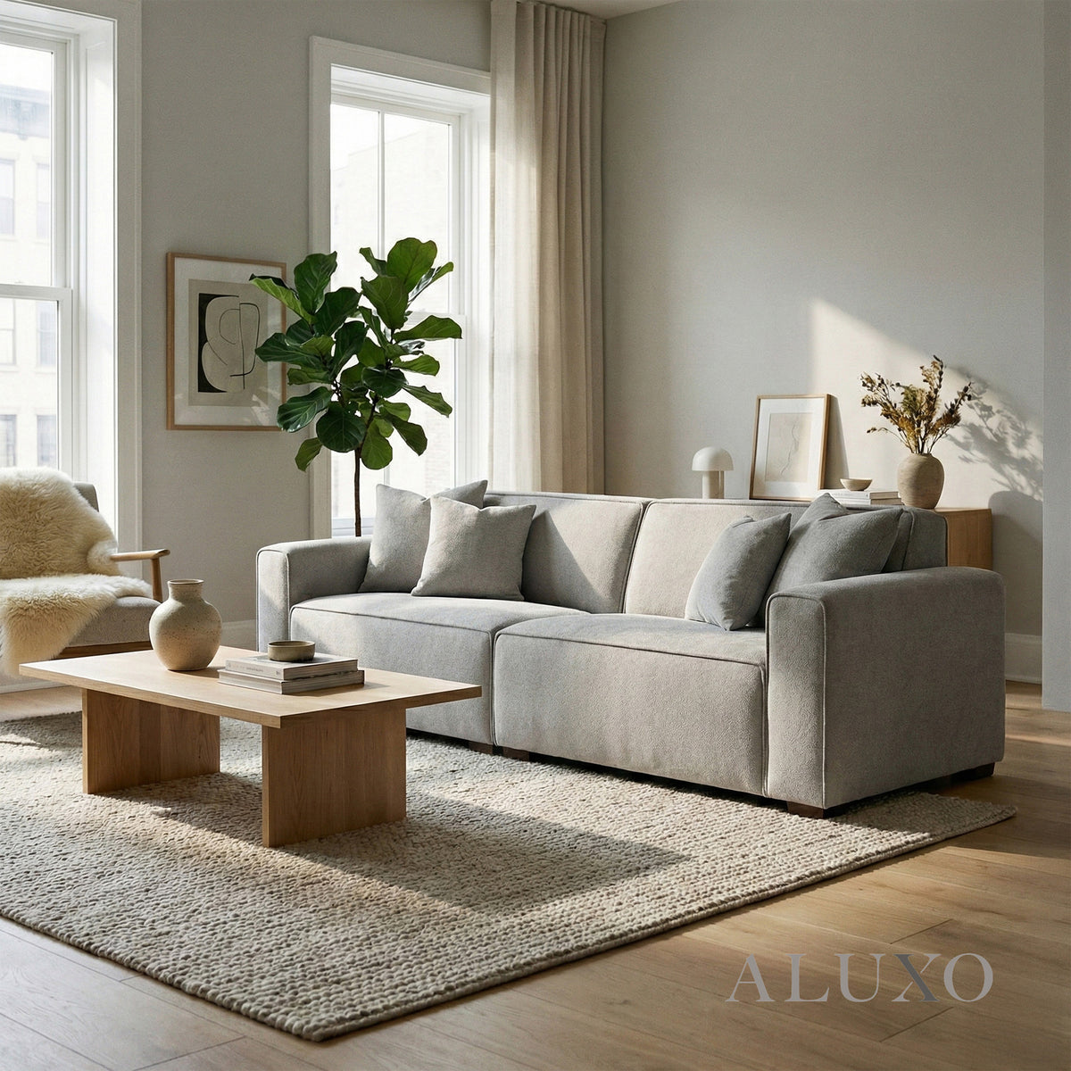 ALUXO® Dakota 3 Seater Sofa – Pebble Grey Bouclé | Feather-Filled