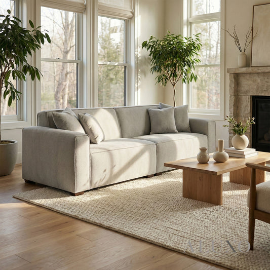 ALUXO® Dakota 3 Seater Sofa – Pebble Grey Bouclé | Feather-Filled