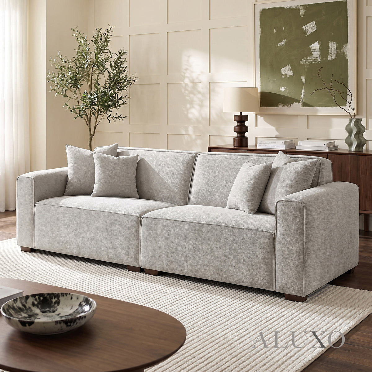 ALUXO® Dakota 3 Seater Sofa – Pebble Grey Bouclé | Feather-Filled