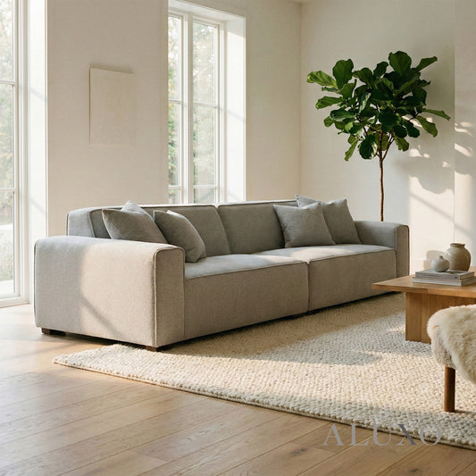 ALUXO® Dakota 4 Seater Large Sofa – Pebble Grey Bouclé | Feather-Filled