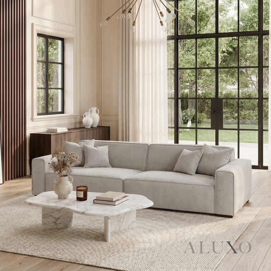 ALUXO® Dakota 4 Seater Large Sofa – Pebble Grey Bouclé | Feather-Filled