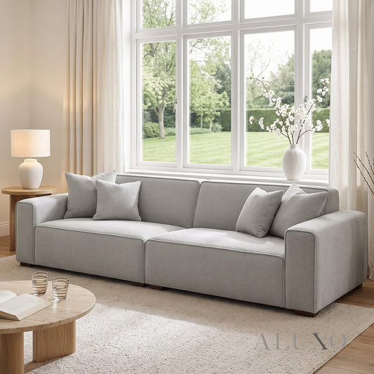 ALUXO® Dakota 4 Seater Large Sofa – Pebble Grey Bouclé | Feather-Filled