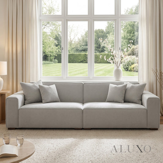 ALUXO® Dakota 4 Seater Large Sofa – Pebble Grey Bouclé | Feather-Filled