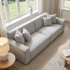 ALUXO® Dakota 4 Seater Large Sofa – Pebble Grey Bouclé | Feather-Filled