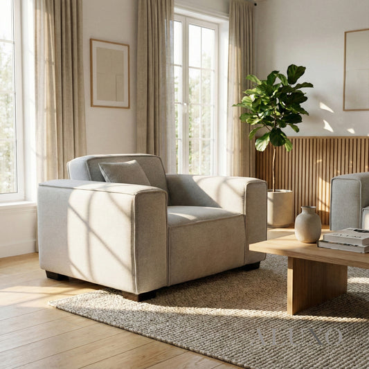 ALUXO® Dakota Armchair – Pebble Grey Bouclé | Feather-Filled Accent Chair