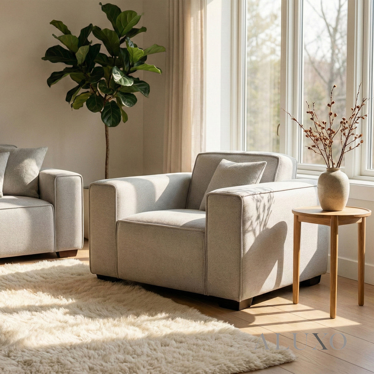 ALUXO® Dakota Armchair – Pebble Grey Bouclé | Feather-Filled Accent Chair