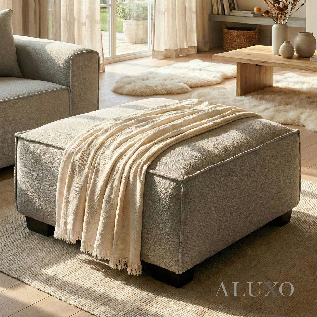ALUXO® Dakota Modular Footstool – Pebble Grey Bouclé | Feather-Filled