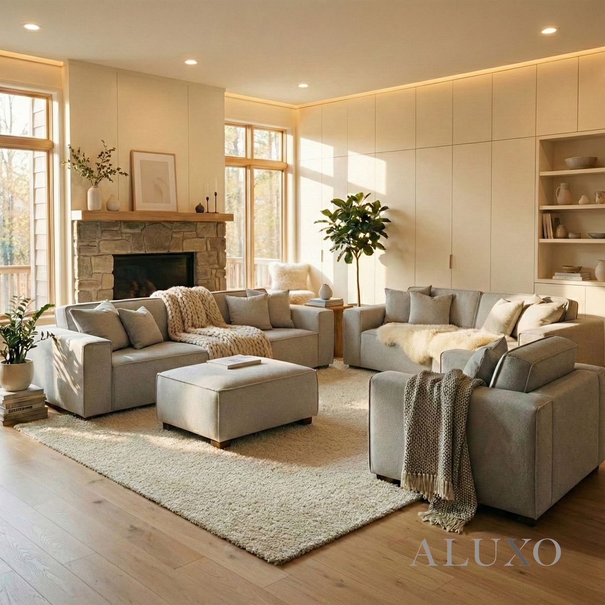 ALUXO® Dakota Complete Sofa Set – 4+3+1+Footstool | Pebble Grey Bouclé