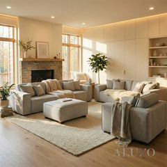 ALUXO® Dakota 4 Seater Large Sofa – Pebble Grey Bouclé | Feather-Filled