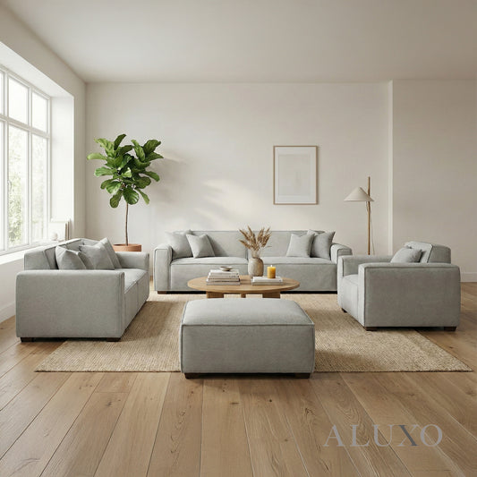 ALUXO® Dakota Complete Sofa Set – 4+3+1+Footstool | Pebble Grey Bouclé