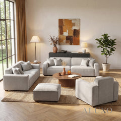 ALUXO® Dakota Complete Sofa Set – 4+3+1+Footstool | Pebble Grey Bouclé