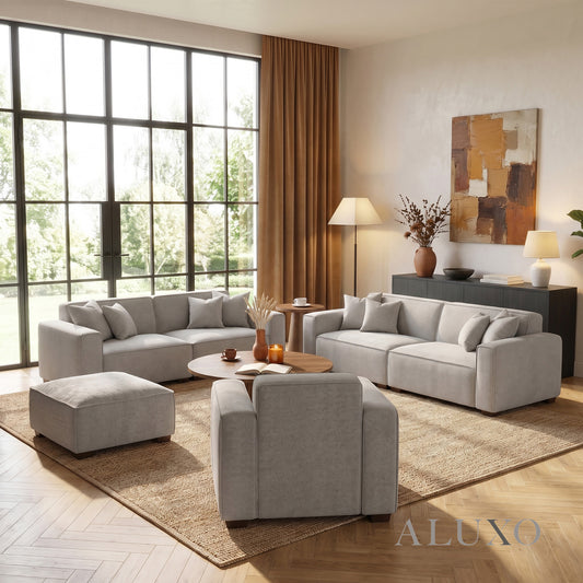 ALUXO® Dakota Complete Sofa Set – 4+3+1+Footstool | Pebble Grey Bouclé