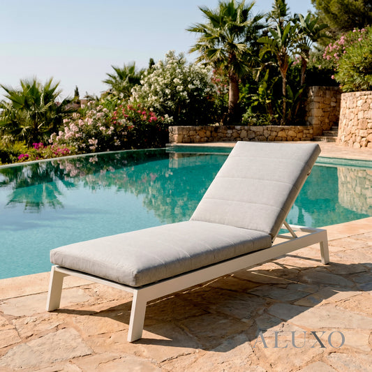 ALUXO® Dasia Luxury Outdoor Sun Lounger – White Aluminium & Pebble Grey Cushion
