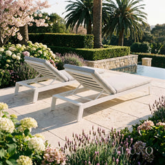 ALUXO® Dasia Luxury Outdoor Sun Lounger – White Aluminium & Pebble Grey Cushion