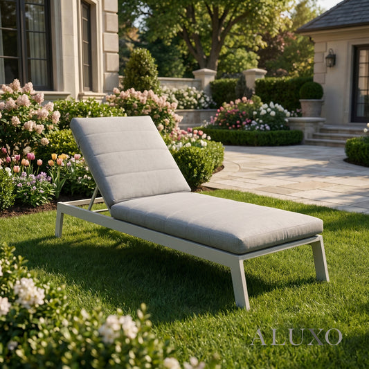 ALUXO® Dasia Luxury Outdoor Sun Lounger – White Aluminium & Pebble Grey Cushion