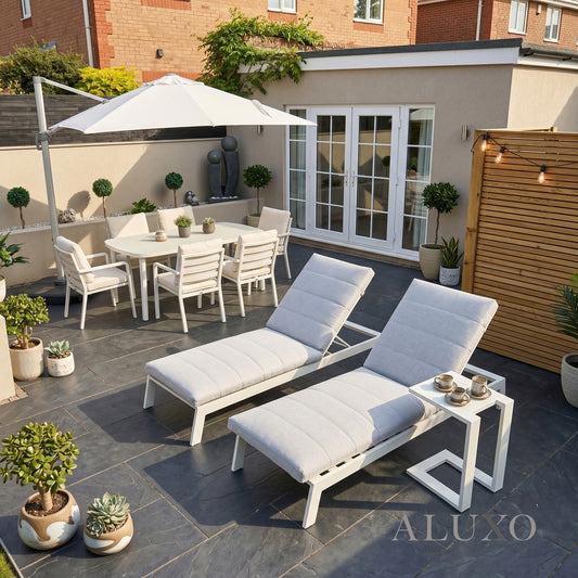 ALUXO® Dasia Luxury Outdoor Sun Lounger with Table Set – White Aluminium