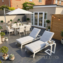 ALUXO® Dasia Luxury Outdoor Sun Lounger with Table Set – White Aluminium