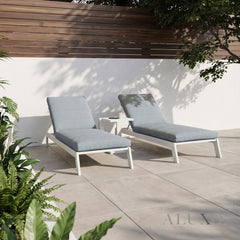 ALUXO® Dasia Luxury Outdoor 3-Piece Sun Lounger Set – White Aluminium (2x Loungers + 1x Table)